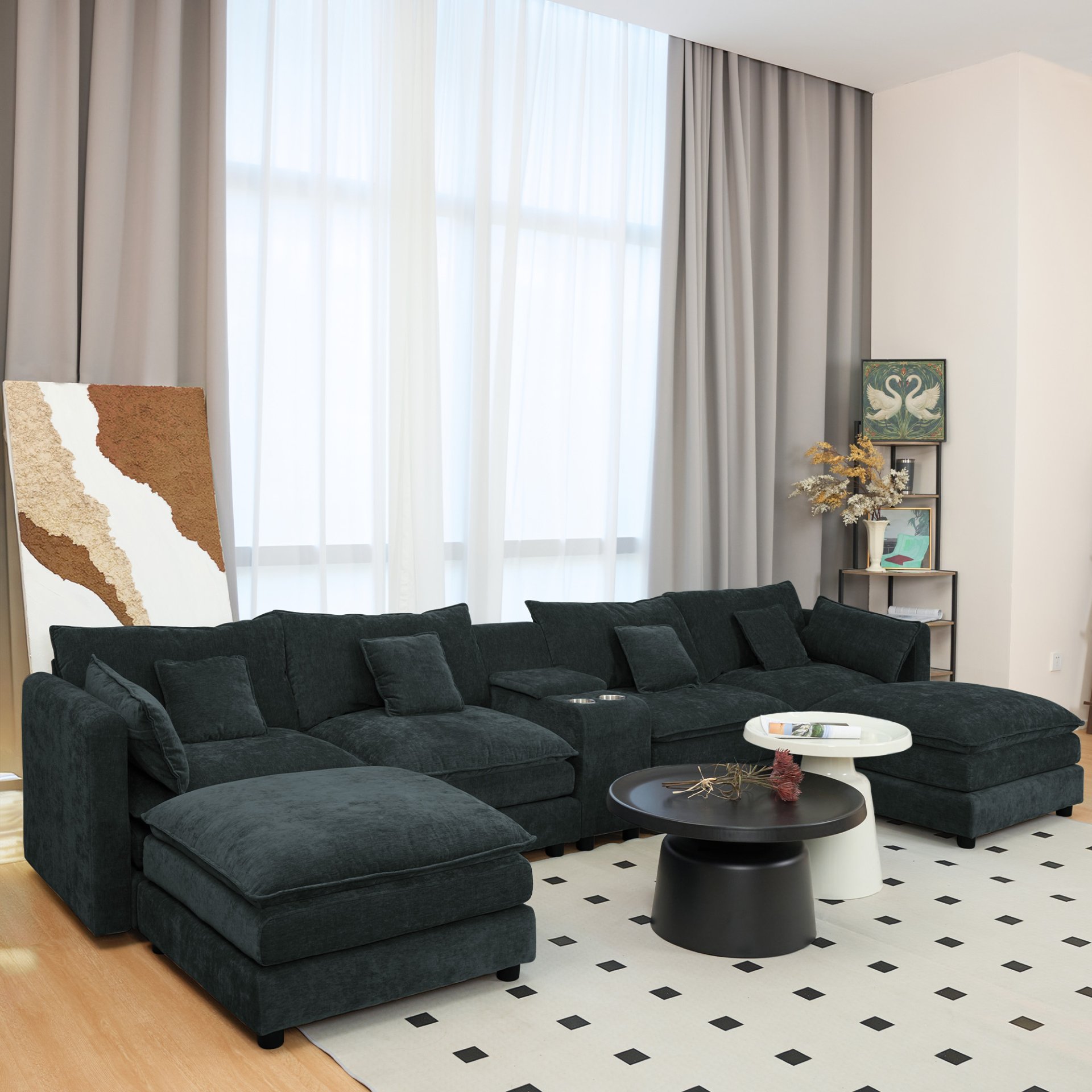 U Shaped Sectional Cloud Couch For Living Room, Fluffy Modular Sofa With Movable Ottoman 6 Seat Sectional Sofa Set With Console, Cup Holders - Black - Image 4