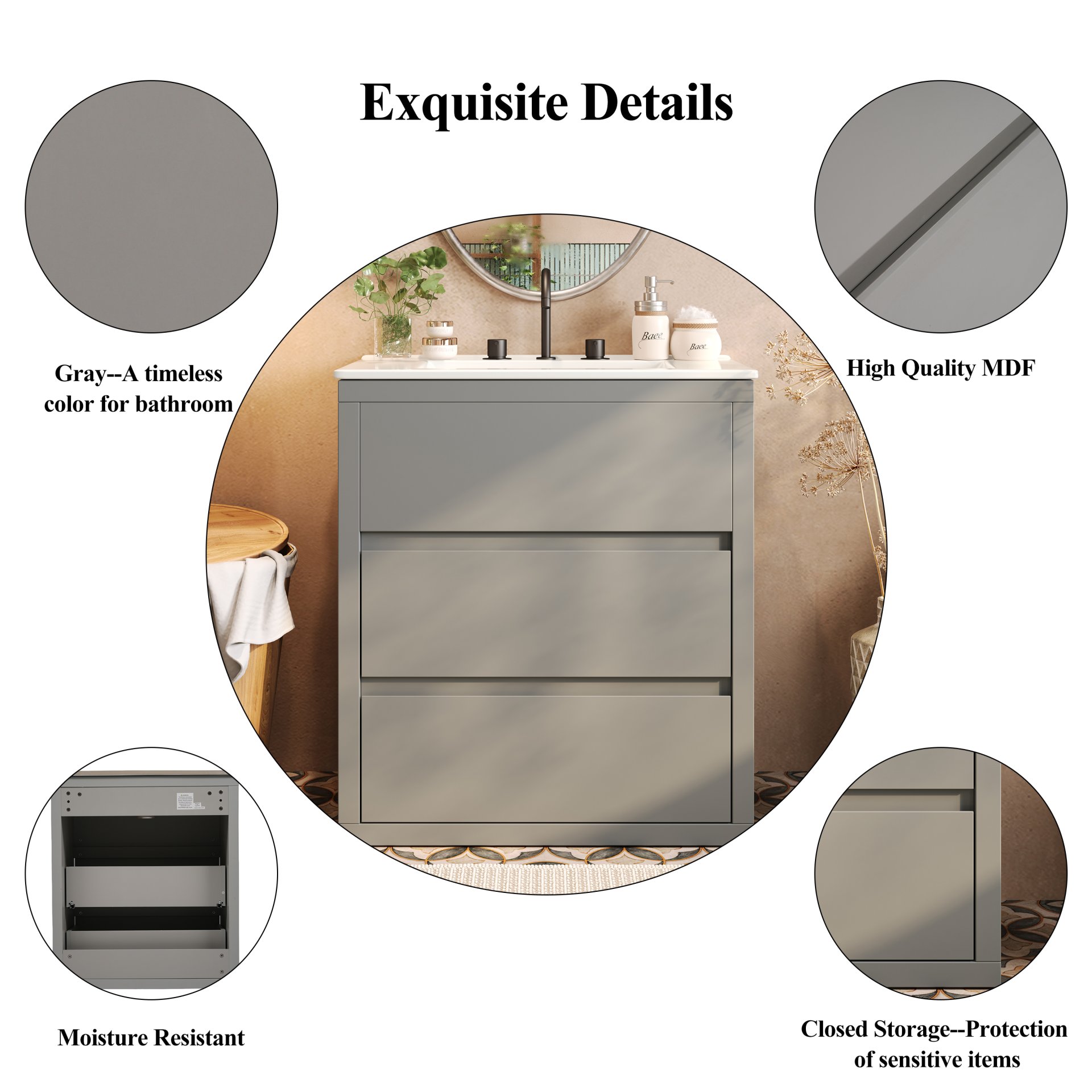 Freestanding Bathroom Vanity With Sink, 2 Full Extension Drawers, Soft Close Slides - Gray - Image 8