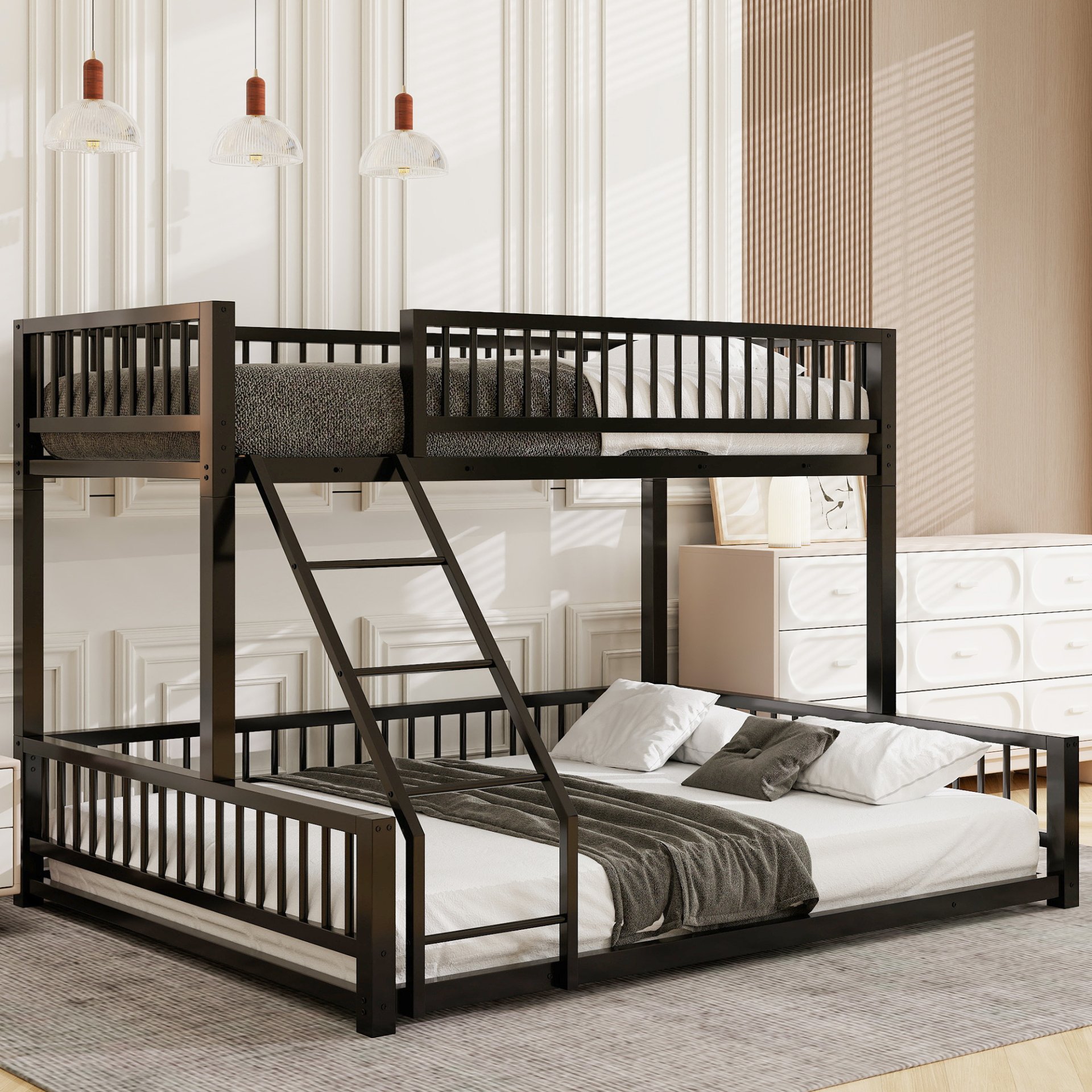 Twin Long Over Queen Bunk Bed Frame With Ladder And Safety Guardrails - Black - Image 2