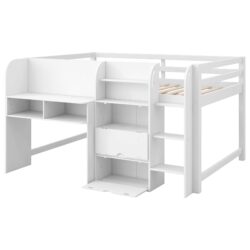 Full Size Low Loft Bed With Built In Desk, Storage Cabinets, Open Bookcase And Doodle Blackboard - White