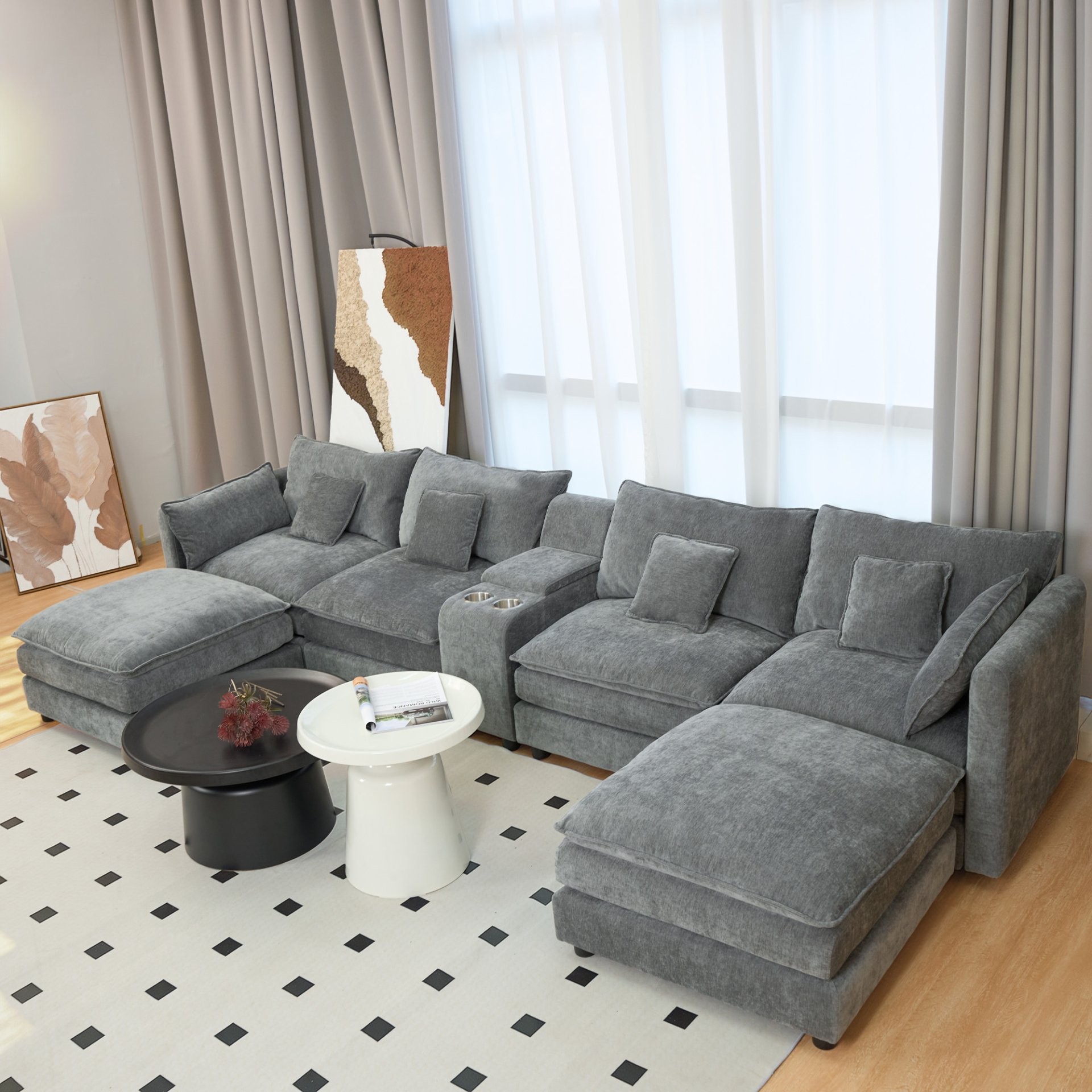 U Shaped Sectional Cloud Couch For Living Room, Fluffy Modular Sofa With Movable Ottoman 6 Seat Sectional Sofa Set With Console, Cup Holders - Gray - Image 5