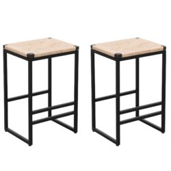 Boho Style Backless Bar Stools (Set of 2) With Paper Rope Woven Seat & Metal Frame For Kitchen Counter - Natural