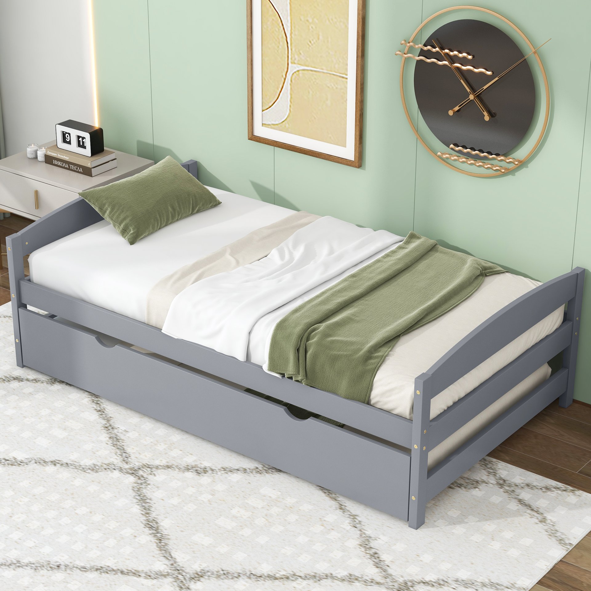 Twin Size Platform Bed With Twin Trundle - Gray - Image 4